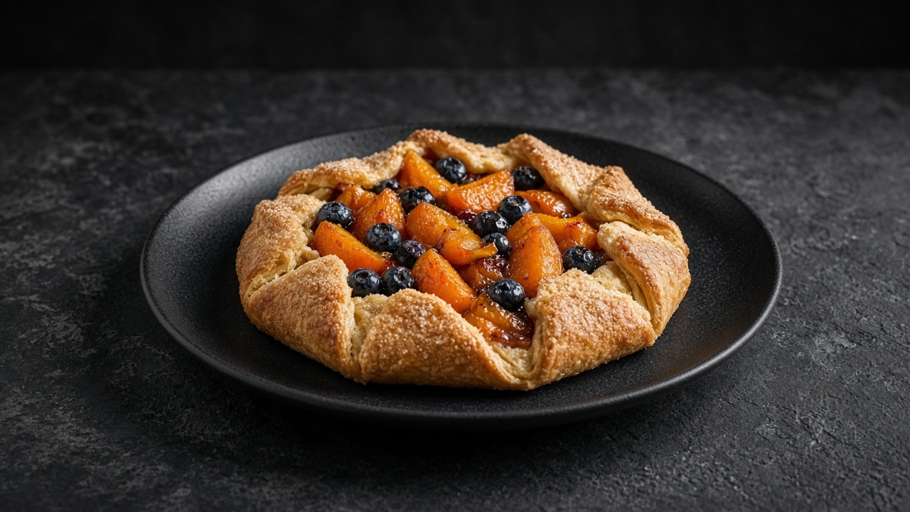 A free-form tart of orange apricot wedges and blueberries in a crisp, sugared pleated crust.