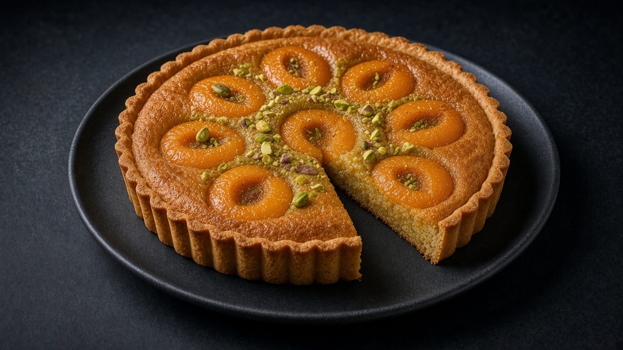 Apricot and pistachio frangipane tart with apricot halves and chopped pistachios, a slice cut.