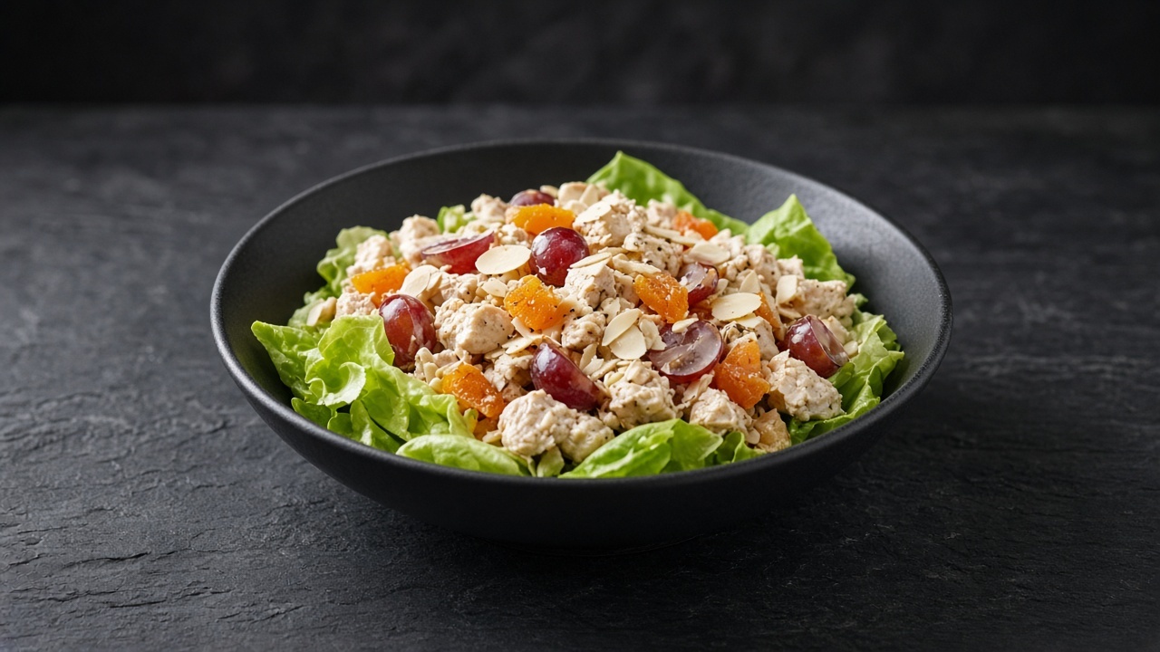 Chicken salad with orange apricot pieces, halved red grapes and flaked almonds on soft green lettuce leaves.