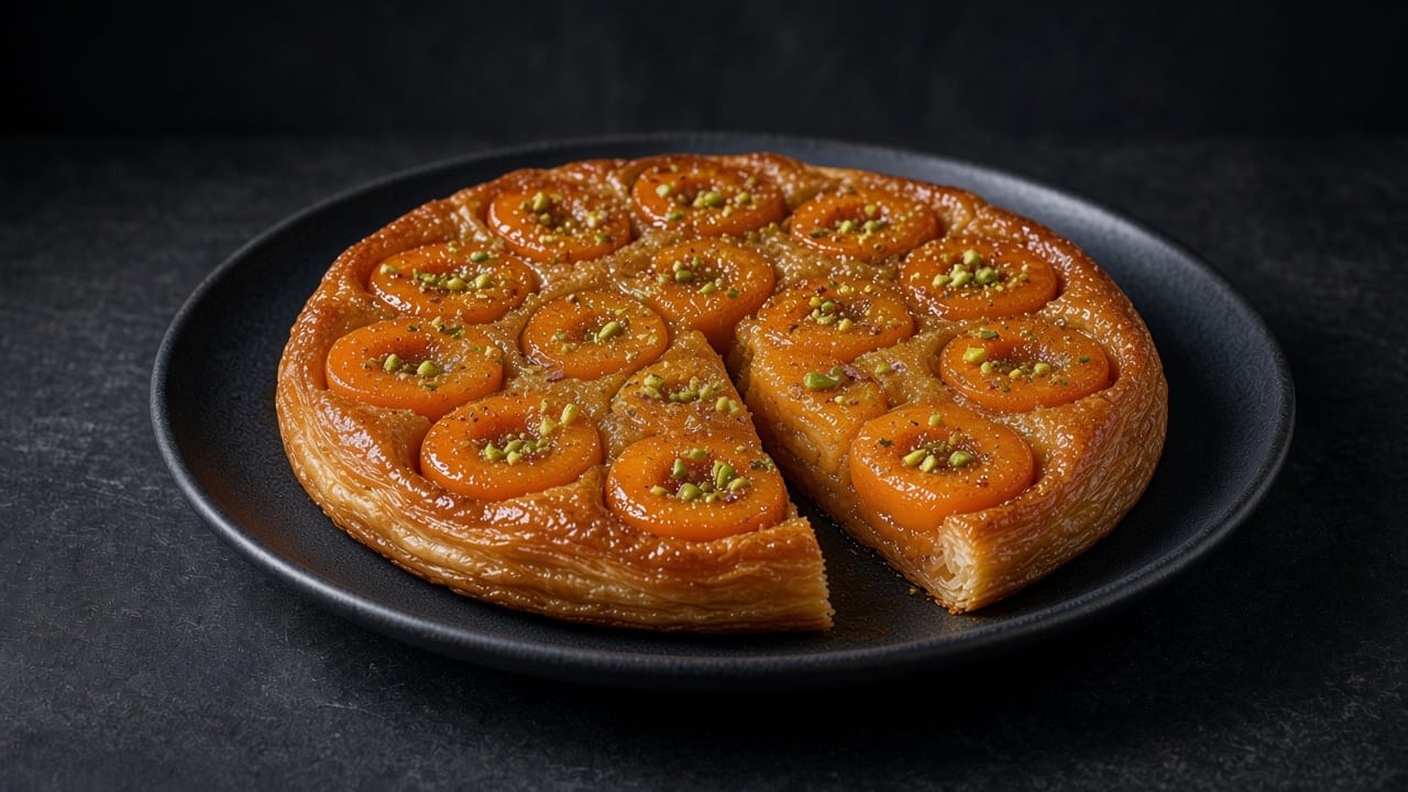 Upside-down apricot tart on puff pastry, glazed in honey caramel and scattered with pistachios.