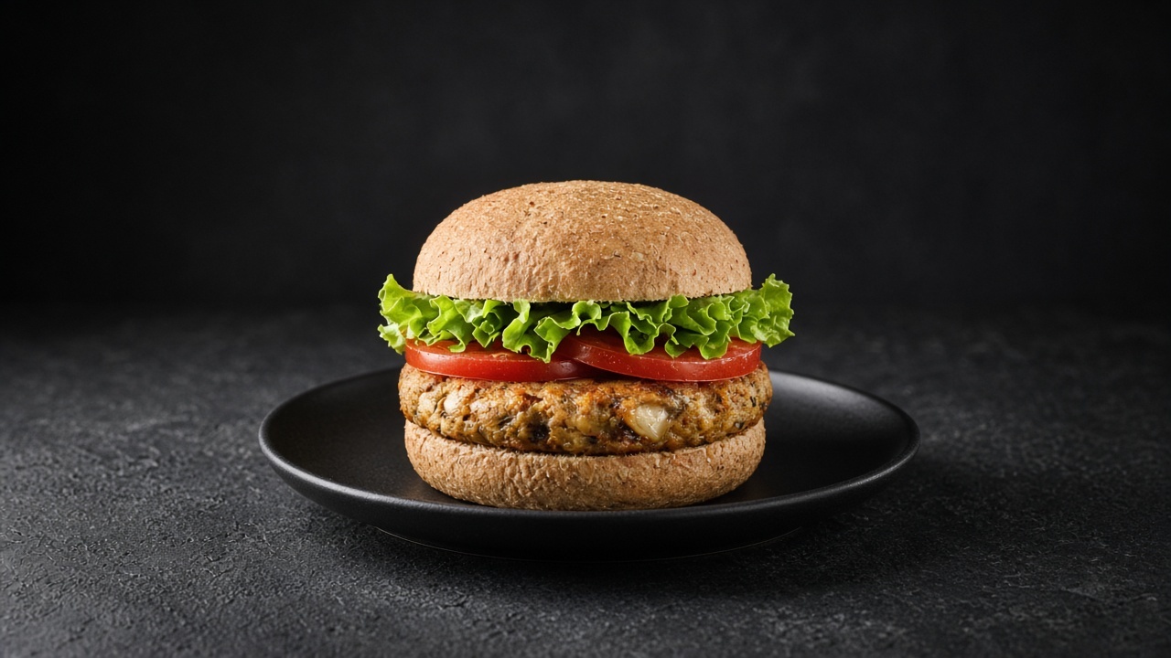 Golden-brown turkey patty topped with lettuce and sliced tomato on a wholemeal bun.