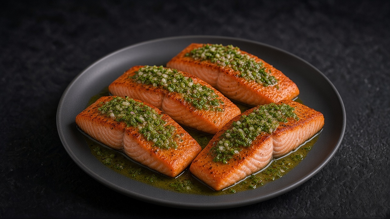 Baked salmon fillets topped with lime vinaigrette, chopped coriander, shallot and jalapeño on a matte dark plate.
