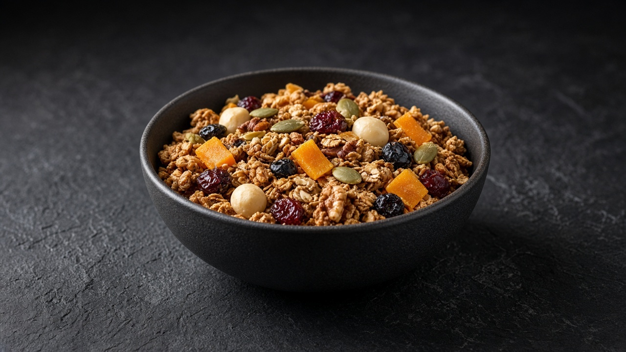 A bowl of clumpy granola with pumpkin seeds, mixed nuts, dried mango, sour cherries and dried blueberries.
