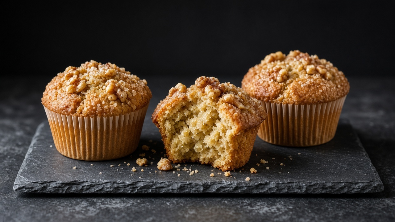 Domed banana muffins with a crackly demerara and walnut top, one broken open.