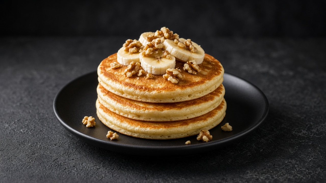 A stack of pancakes topped with banana slices and chopped toasted walnuts.