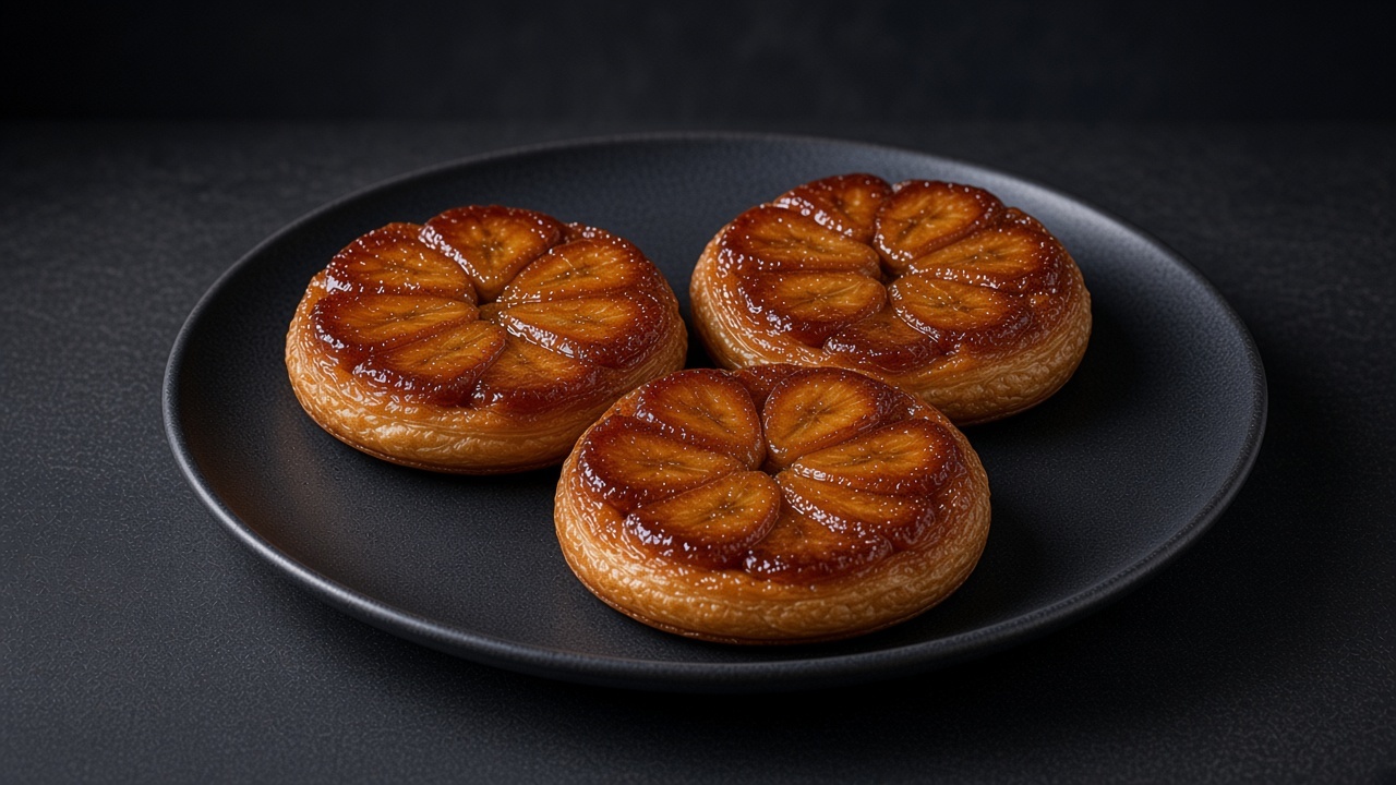 Three individual banana tartes tatin with brown-sugar caramel on puff pastry.