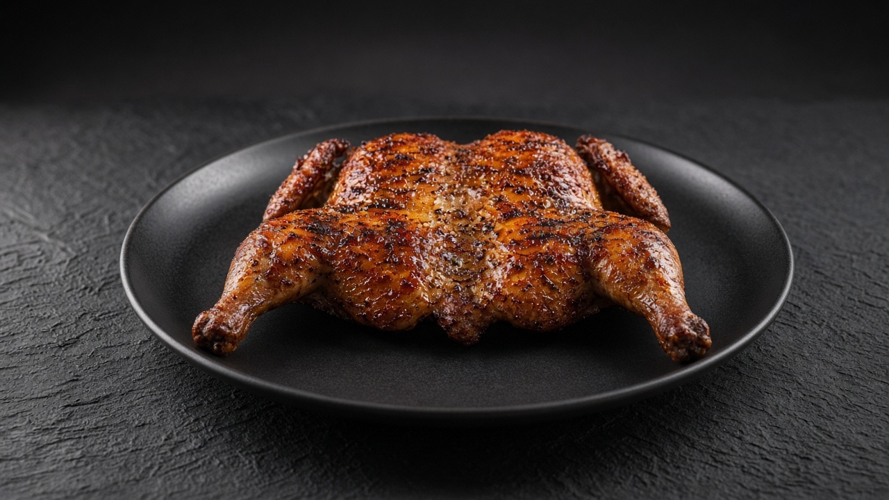 A whole barbecued butterflied chicken with crisp, deep golden skin on a matte dark plate.