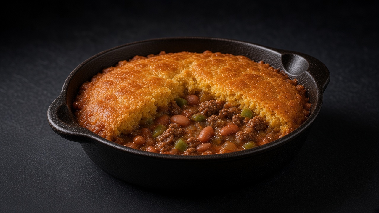 A cast-iron skillet of tamale pie with a golden cheddar cornbread crust over beef and pinto bean chilli.
