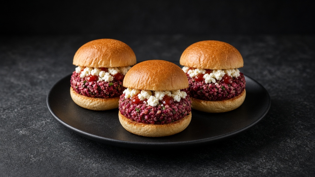 Three beetroot and rice burgers flecked with herbs, topped with crumbled goats' cheese and ketchup in soft buns.