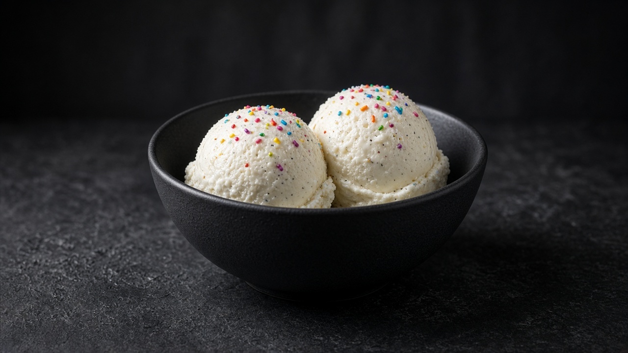 Two scoops of creamy white ice cream dotted with rainbow sprinkles in a black bowl.
