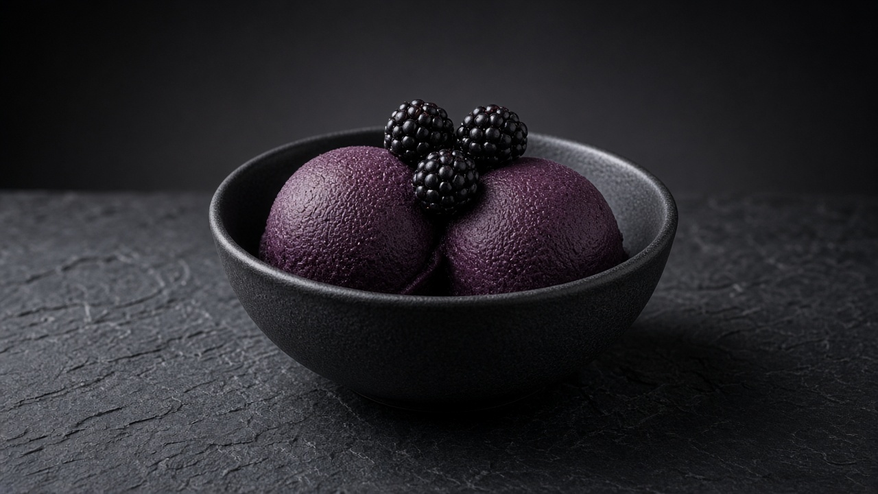 Two scoops of dark purple blackberry sorbet topped with whole blackberries in a black bowl.