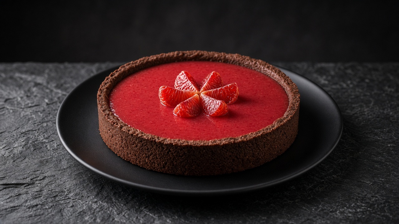 A dark chocolate tart with a shiny ruby blood orange jelly top and a pinwheel of orange segments in the centre.