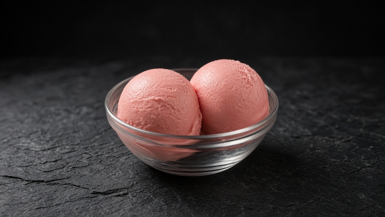 Two scoops of creamy coral-pink blood orange sherbet in a glass dish.