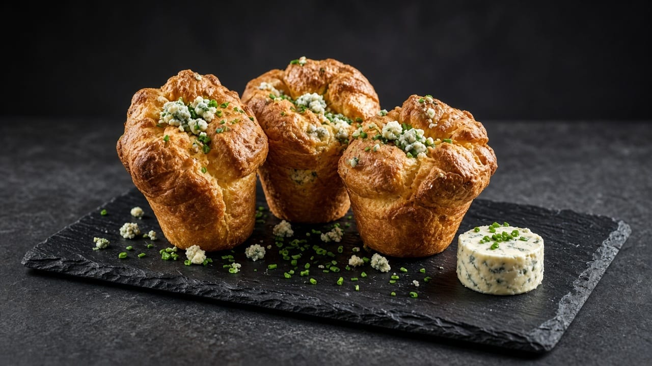 Three tall, golden, crisp popovers topped with blue cheese and chives, with a round of blue cheese butter beside them.