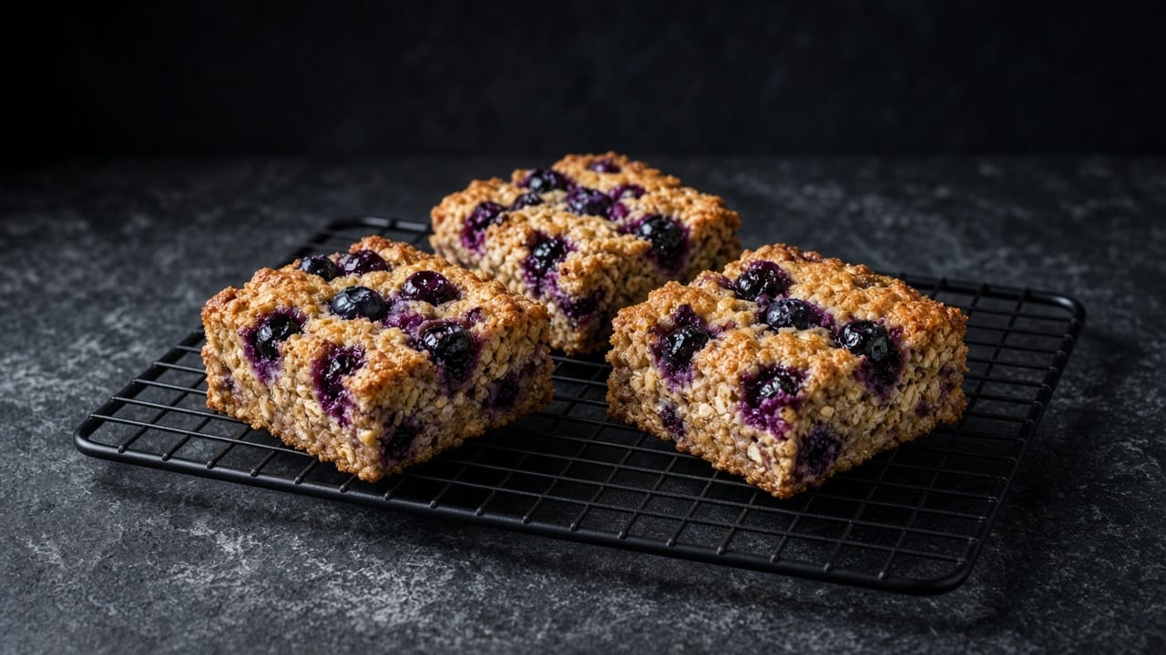 Three squares of blueberry baked oatmeal on a cooling rack, with a golden top and visible berries.