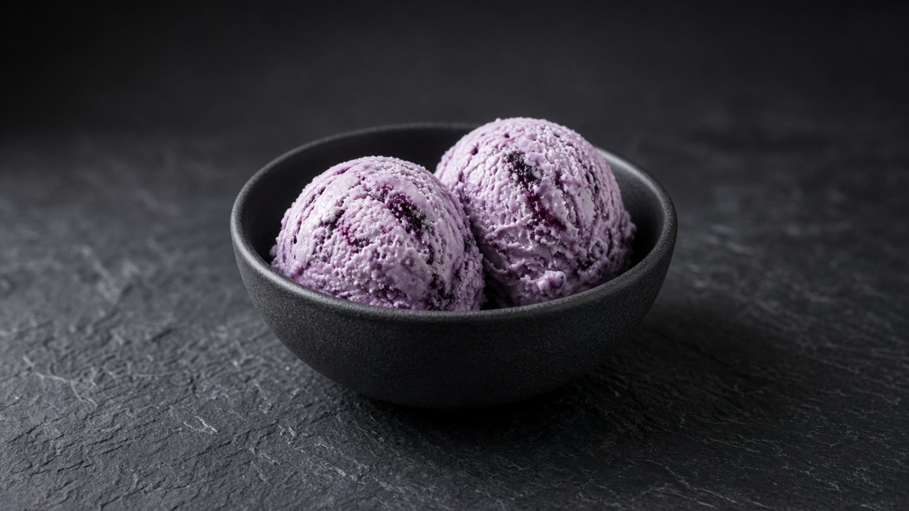 Two scoops of lavender blueberry custard ice cream with dark purple streaks in a black bowl.