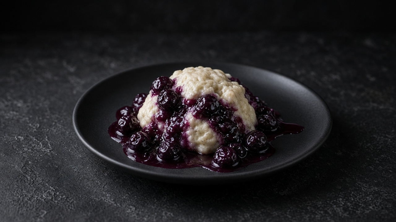 A steamed buttermilk biscuit turned upside down under a heap of jammy blueberries on a matte black plate.