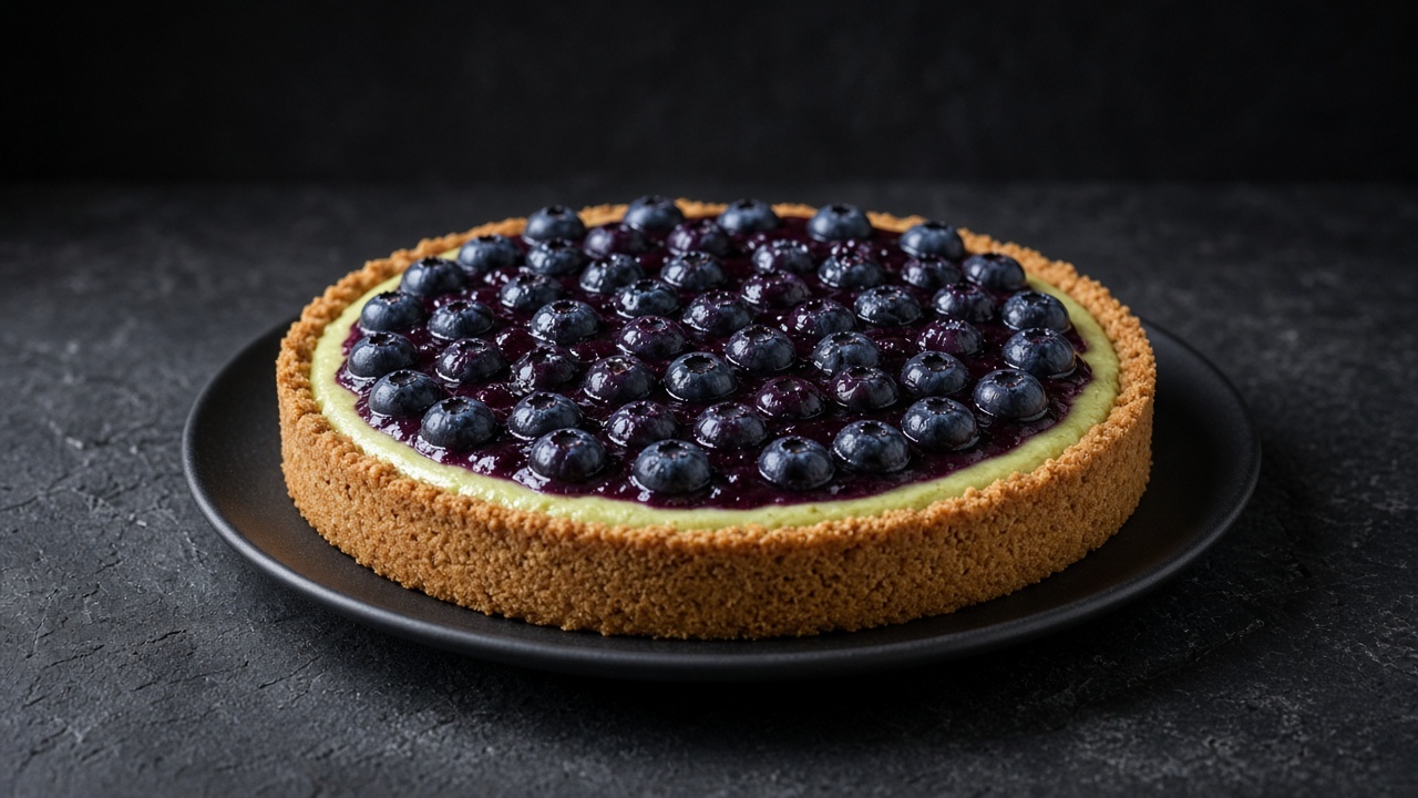 A key lime tart on a golden biscuit base, covered with glossy blueberries in a deep purple sauce.