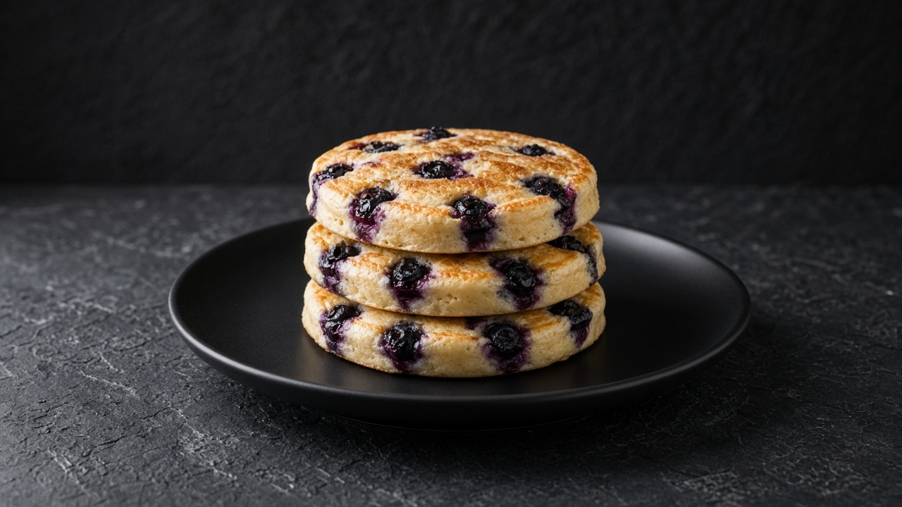 Stack of light pancakes studded with blueberries, served warm.