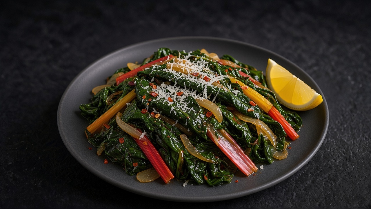 Wilted dark Swiss chard with golden onion and chile flakes piled on a matte dark plate, topped with grated Parmesan and a lemon wedge.