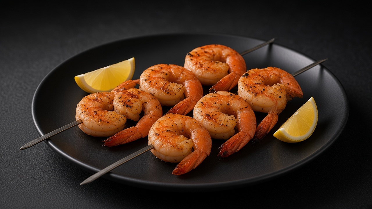 Charred skewered prawns with lemon wedges on a matte dark plate.