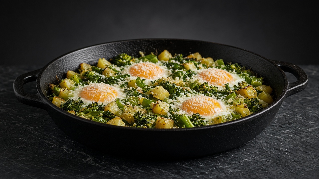Four eggs with soft yolks baked in a pan of golden potatoes and broccoli rabe, dusted with Parmesan.