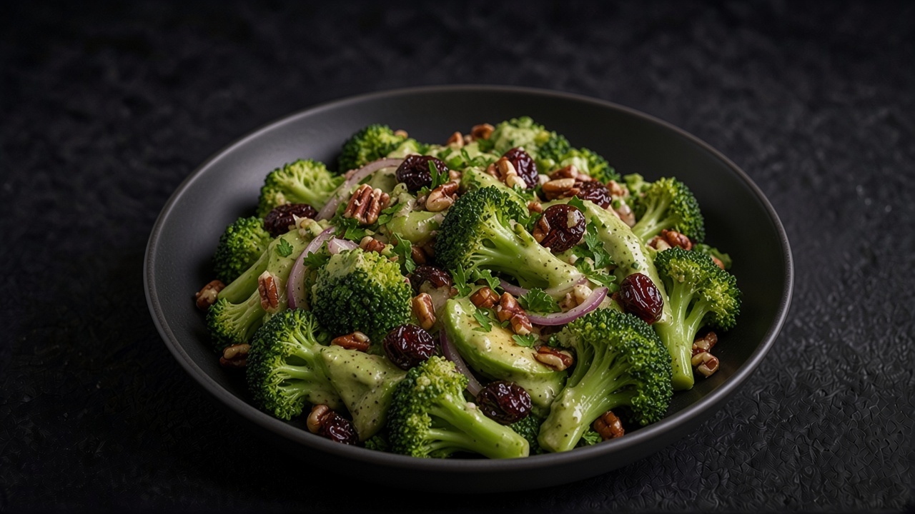 Blanched broccoli, toasted pecans, dried cherries and sliced shallot tossed in a pale green avocado dressing, in a matte dark bowl.