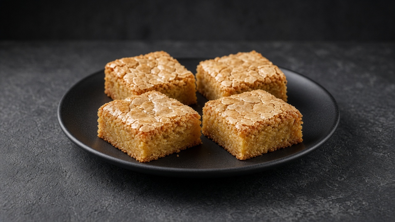 Small deep-golden blondie squares with a chewy crackled top.