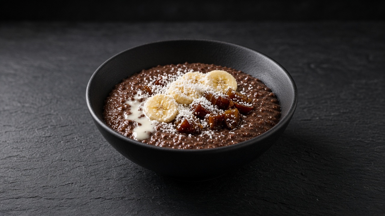 A bowl of dark chocolate oatmeal topped with a pour of cream, sliced banana, date pieces and toasted coconut.