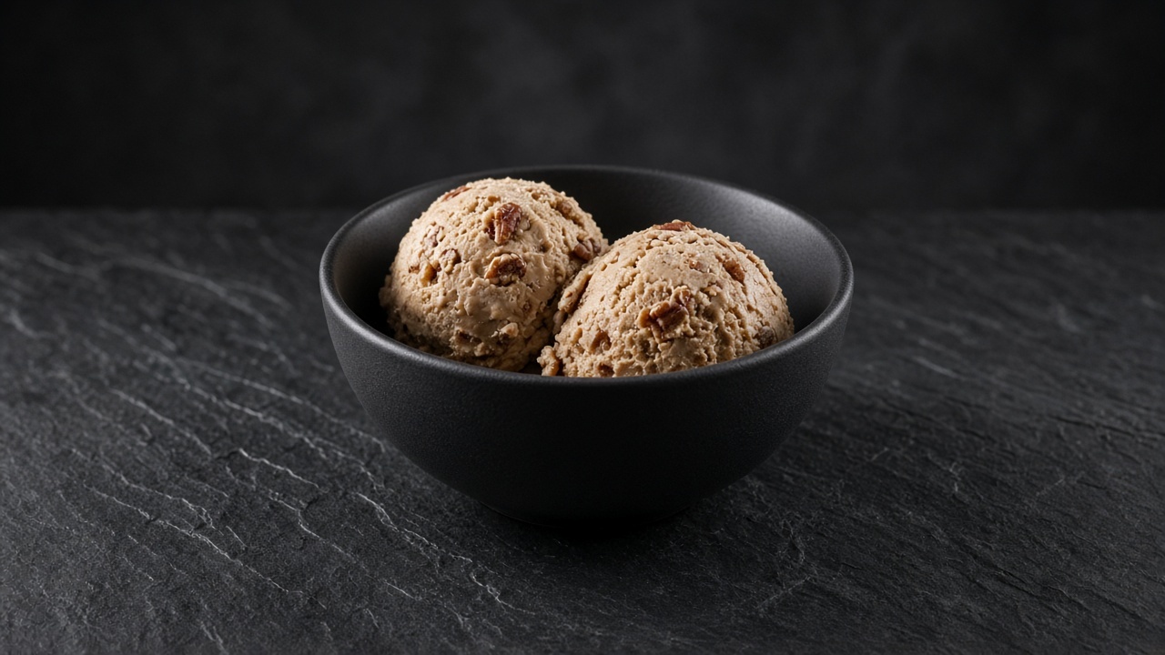 Two scoops of light tan brown butter ice cream studded with toasted pecans in a black bowl.
