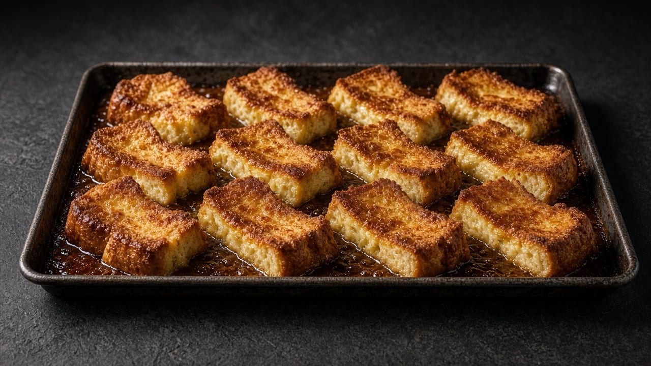 A tray of custard-soaked challah slices baked over a bubbling brown sugar glaze, golden and crisp on top.