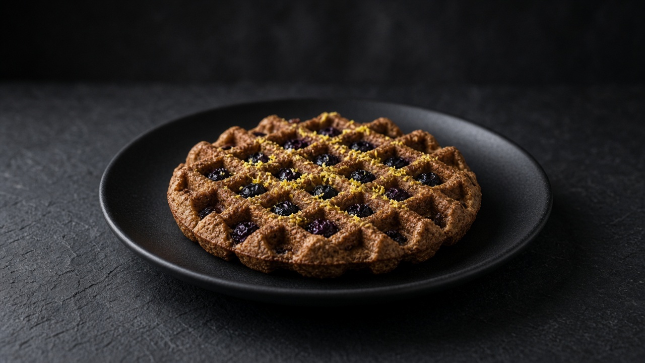 A brown buckwheat waffle studded with blueberries and flecked with lemon zest.