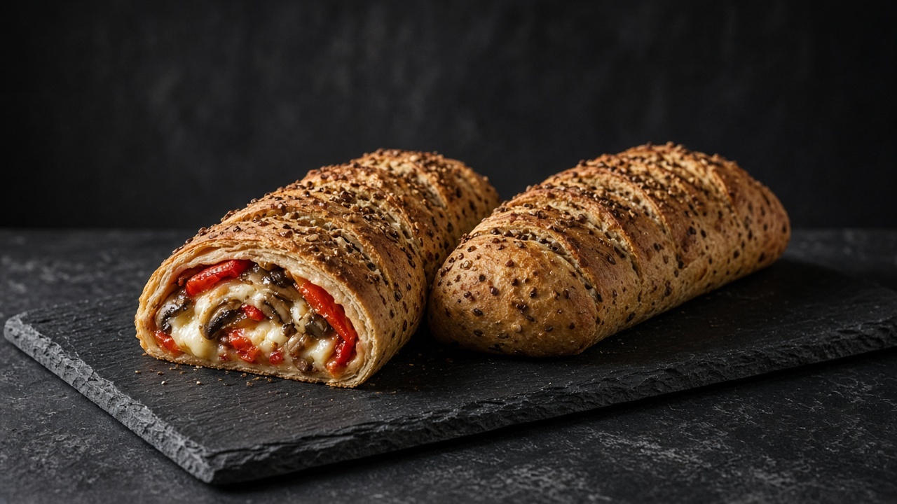 Two golden-brown stromboli logs with slashed tops on a dark board, one cut to show melted cheese, mushrooms and roasted red pepper.