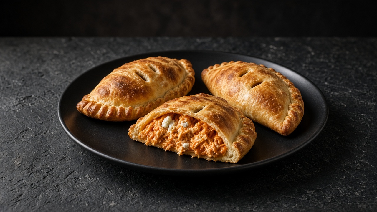 Three golden-brown calzones with slits on top, one cut open to show buffalo chicken and blue cheese filling.