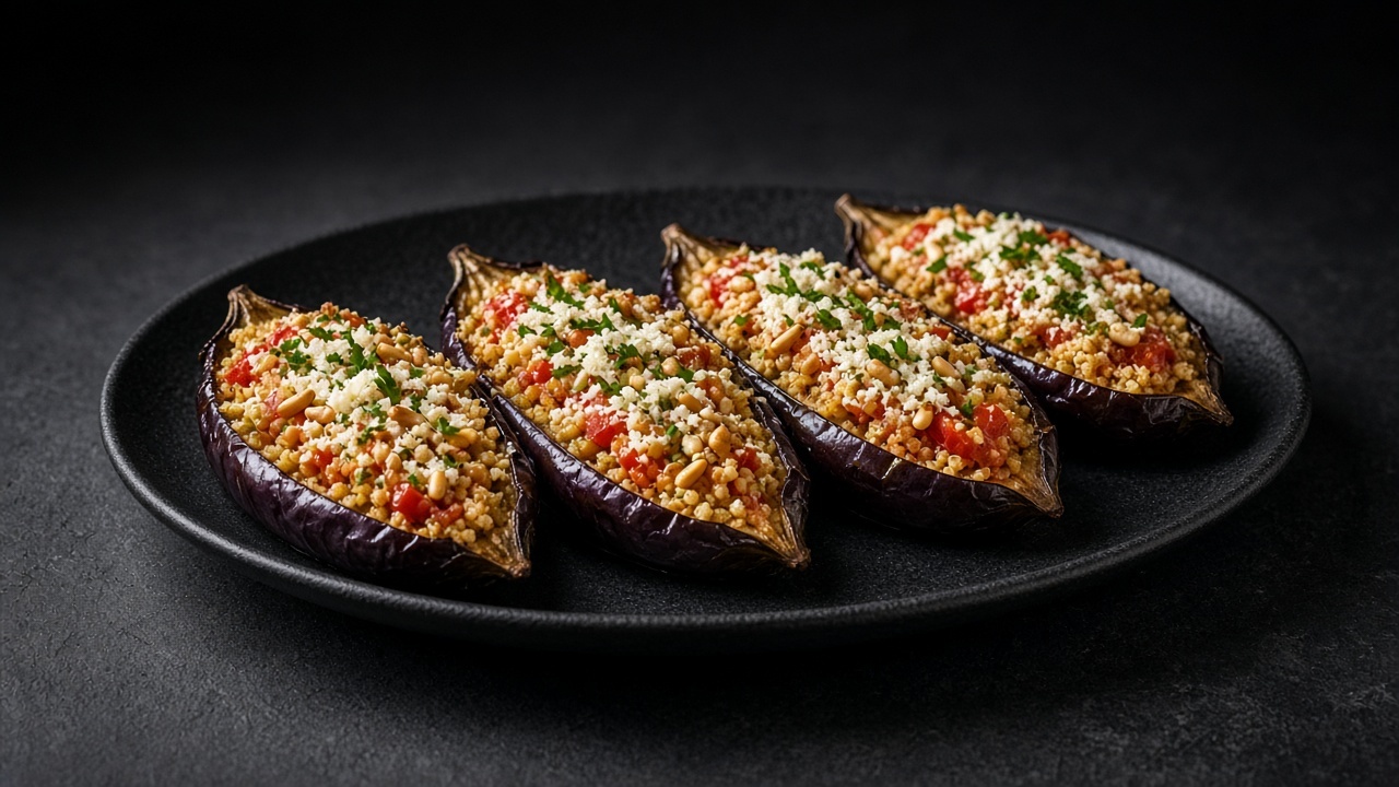 Roasted aubergine halves filled with bulgur, tomato and pine nuts under melted Pecorino, sprinkled with parsley, on a matte black plate.