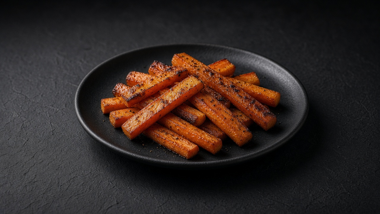 Butter-roasted carrot pieces, browned and caramelised on the flat sides, on a matte black plate.