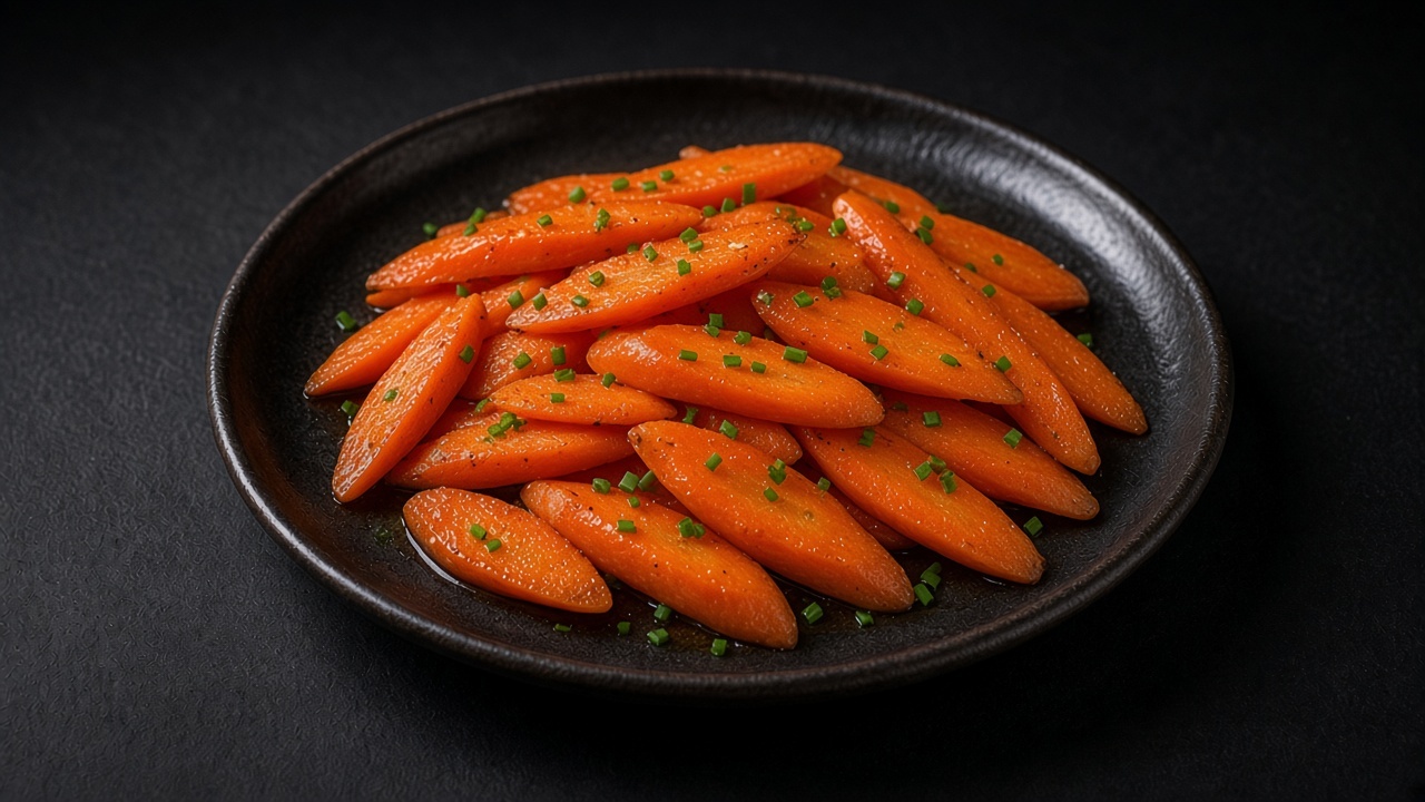 Glossy buttered carrot slices scattered with chopped chives in a matte black bowl.