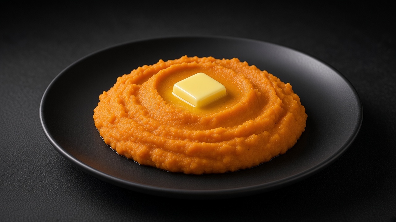 A mound of smooth, buttery mashed sweet potatoes on a matte dark plate.