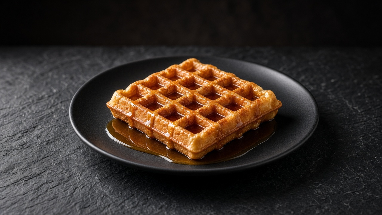 A deeply golden, crisp-edged waffle with a light caramel colour, drizzled generously with maple syrup.