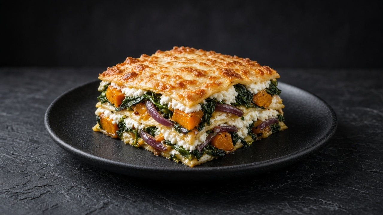 A square of lasagne revealing orange squash, dark green spinach, ricotta and red onion between pasta layers under a golden top.