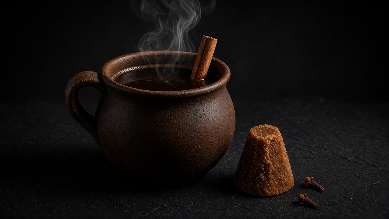 Café de olla steaming in a clay jarrito with a cinnamon stick, beside a piloncillo cone and two cloves.