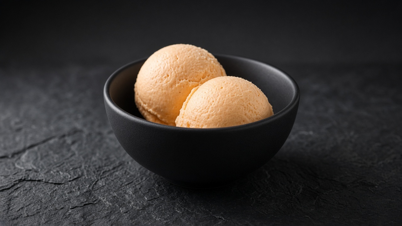 Two scoops of pale apricot-orange cantaloupe custard ice cream in a black bowl.