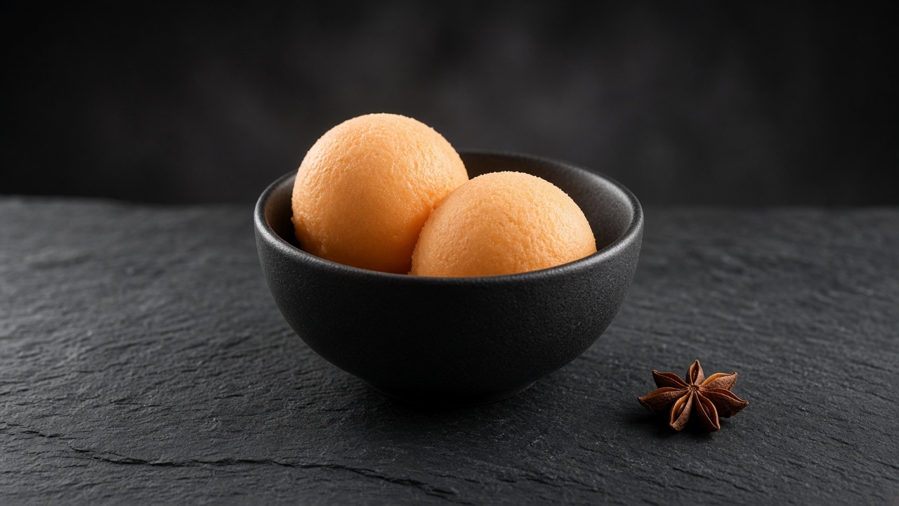 Two scoops of soft orange cantaloupe sorbet in a black bowl with a whole star anise beside it.