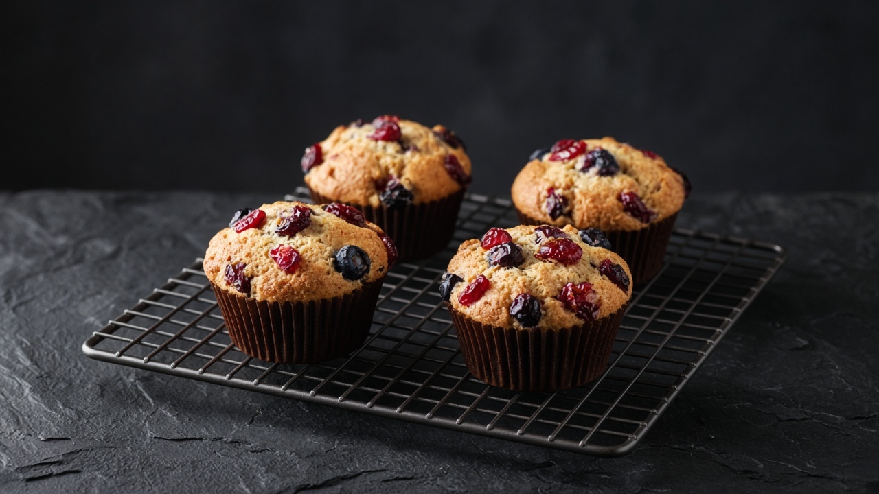 Golden muffins dotted with red cranberries and blueberries, on a wire rack.
