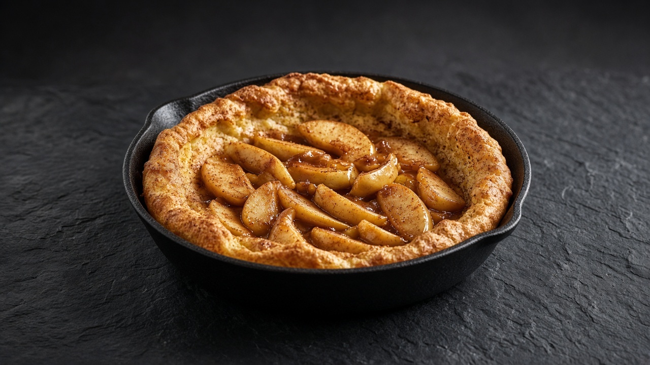 A puffed cinnamon Dutch baby pancake in a skillet, filled with caramel-coated apple slices.