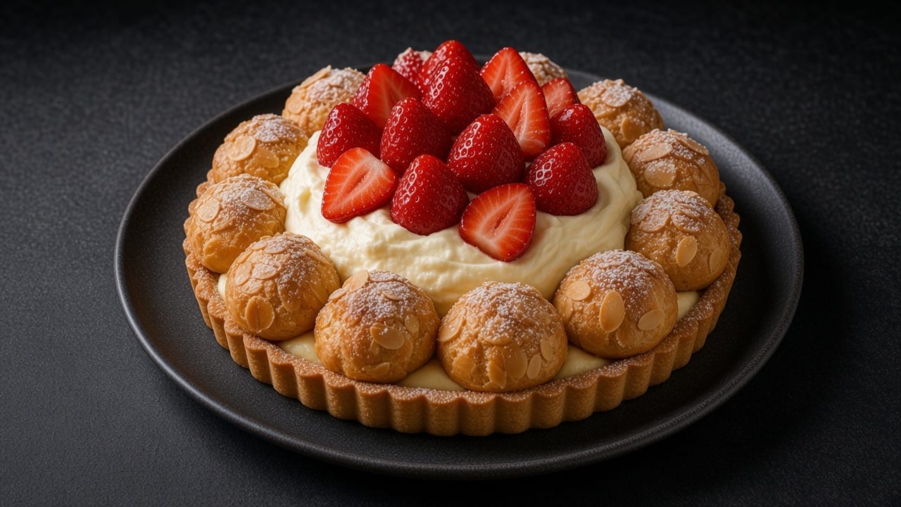 Strawberry gâteau Saint-Honoré: custard cream and strawberries ringed by caramel choux buns with flaked almonds.