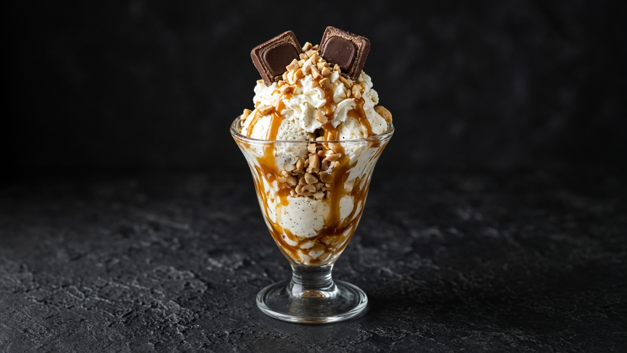 A sundae glass of vanilla ice cream with caramel sauce, chopped salted peanuts, whipped cream and chocolate-coated wafer bars.