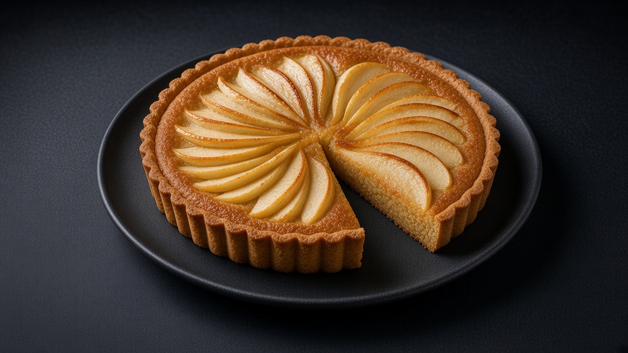 French apple tart with a spiral of sliced apple over almond filling, a slice cut.