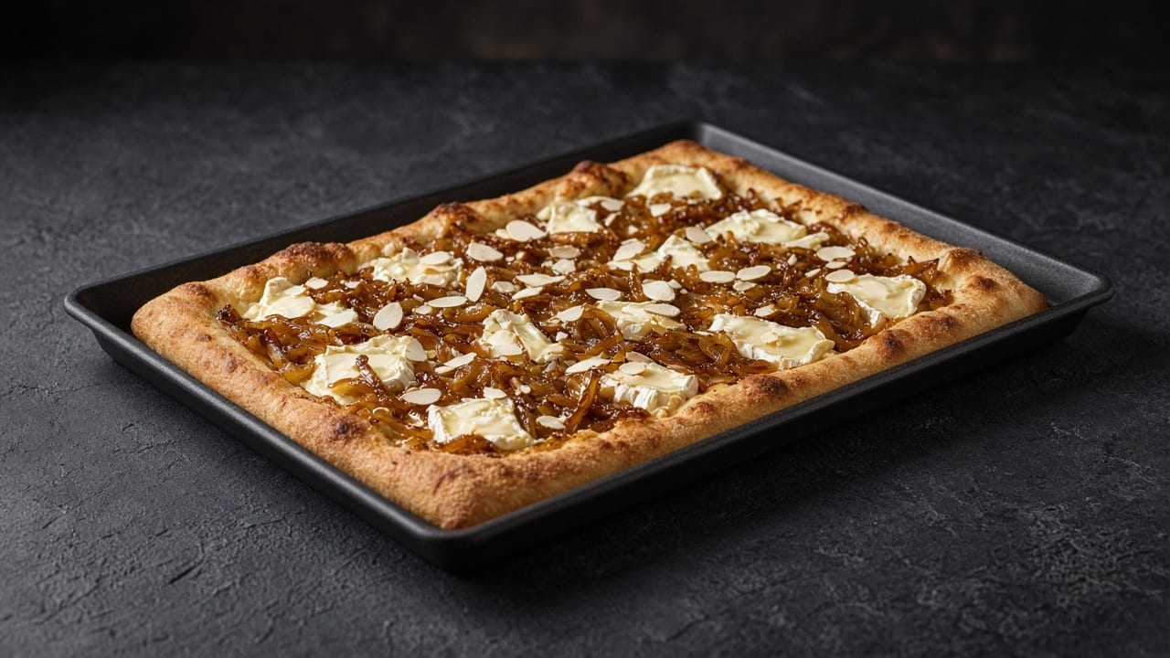 A rectangular sheet pizza with a golden crust, topped with deep golden caramelised onions, creamy white melted brie, and scattered flaked almonds.