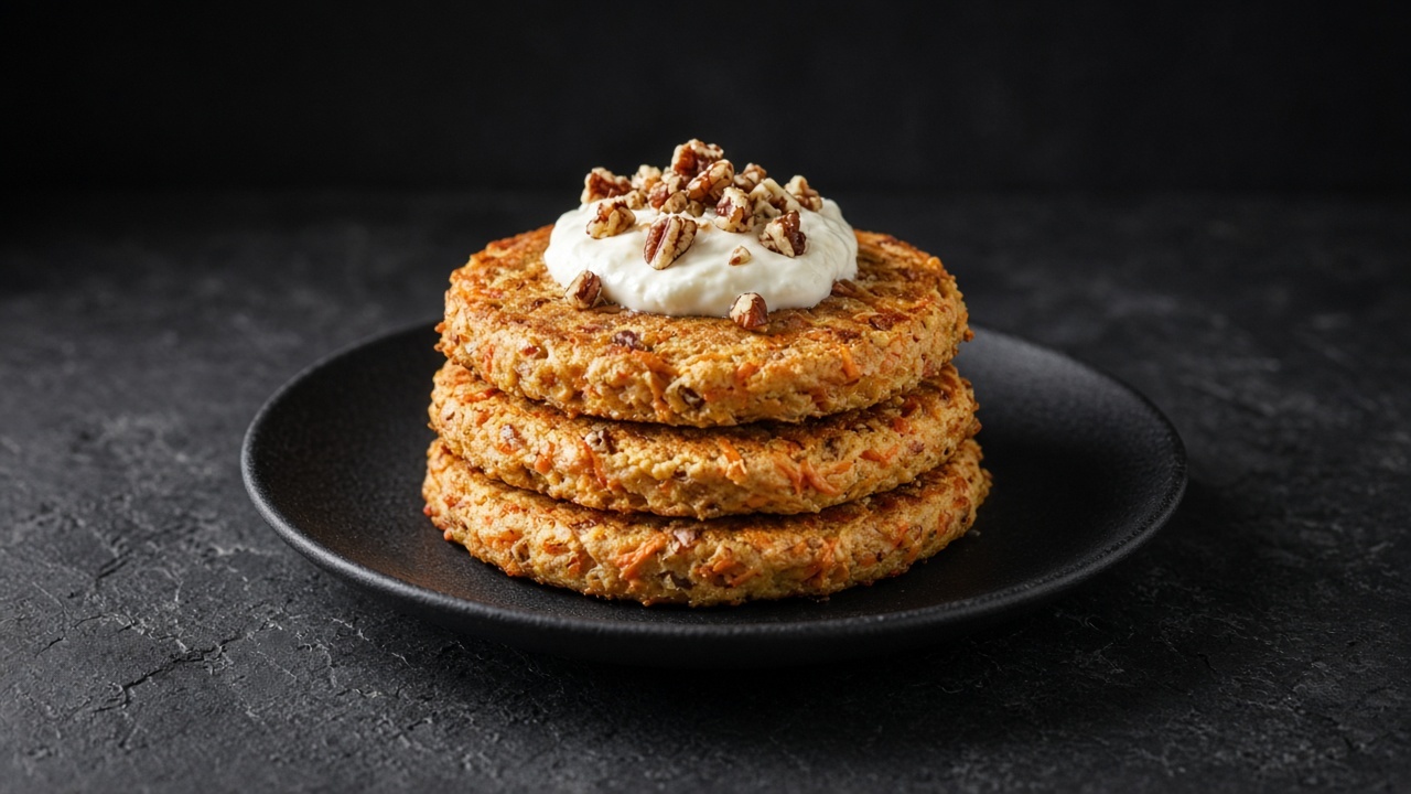 Spiced carrot pancakes flecked with grated carrot and pecans, topped with a dollop of maple yoghurt.